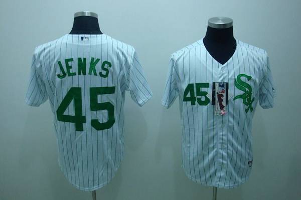 White Sox #45 Bobby Jenks Stitched White Green Strip MLB Jersey - Click Image to Close